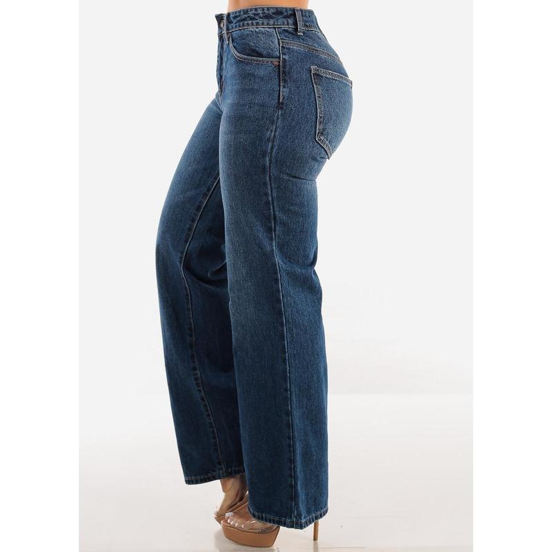 High Waist Med Blue Straight Wide Leg Cotton Jeans